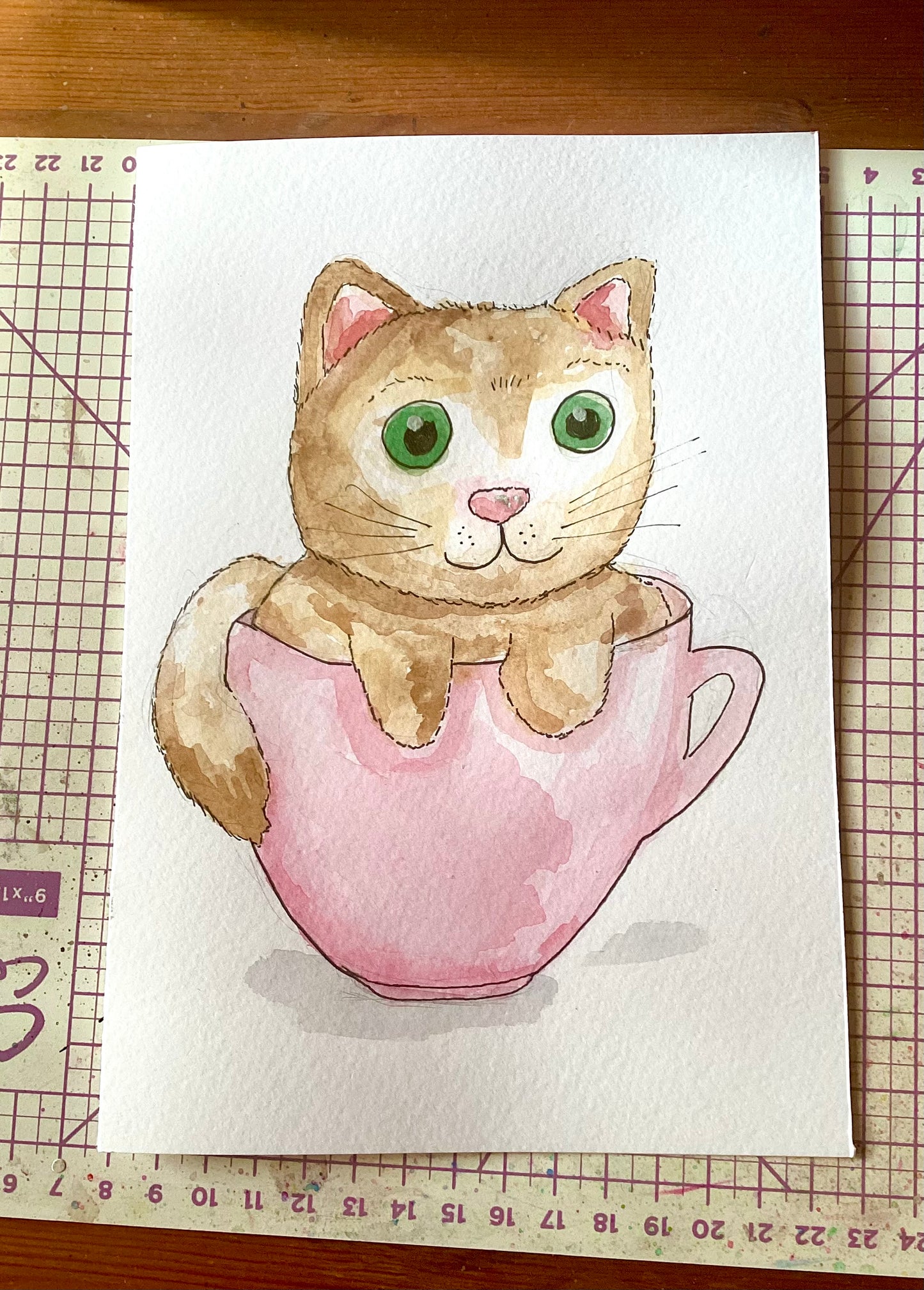 Cat in a Cup Watercolour Greeting Card