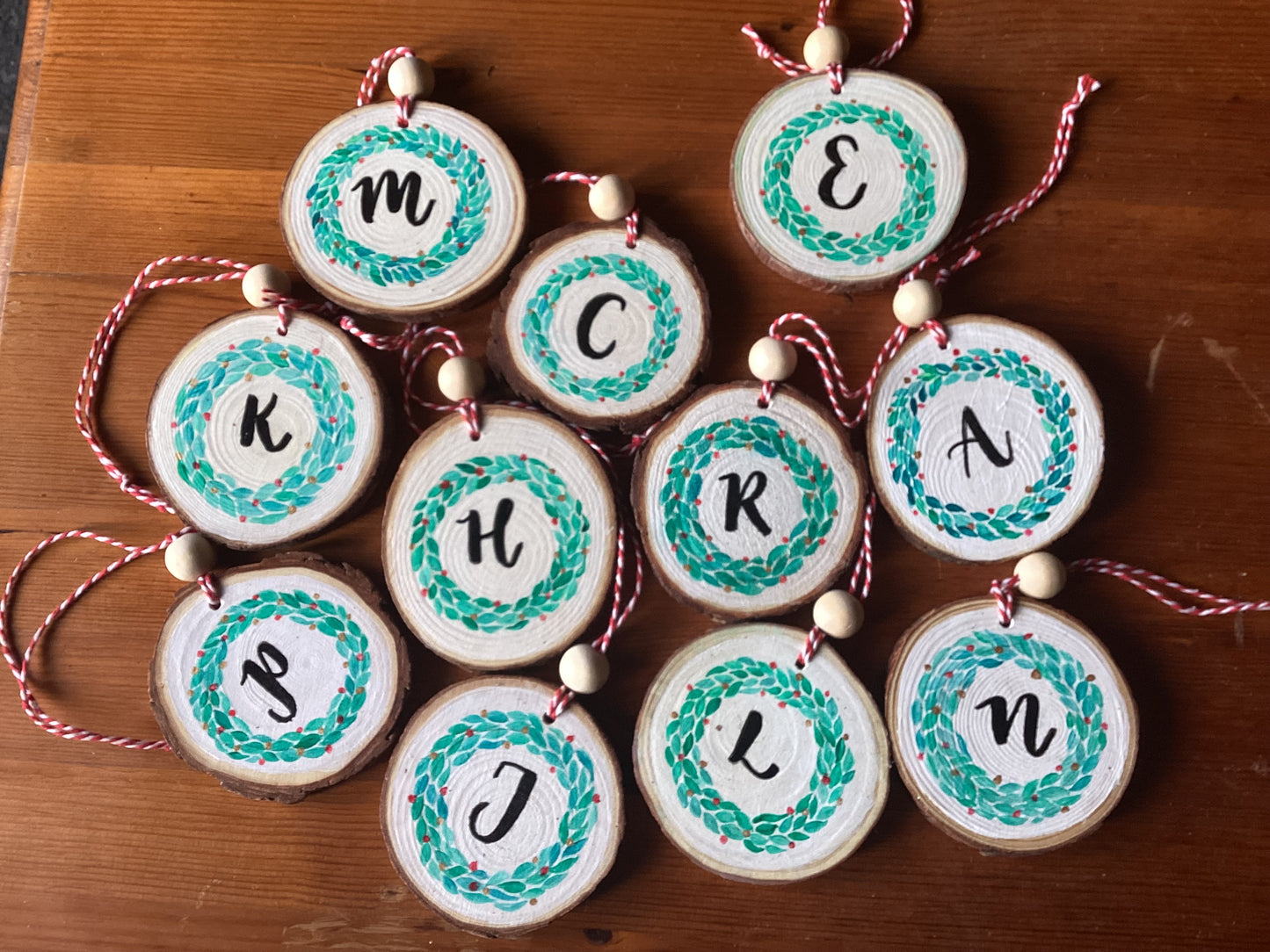 Monogram Initial with Wreath Hand Painted Wood Slice Ornament