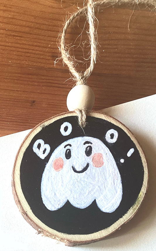 Ghost says "Boo!" Wood Slice Decoration