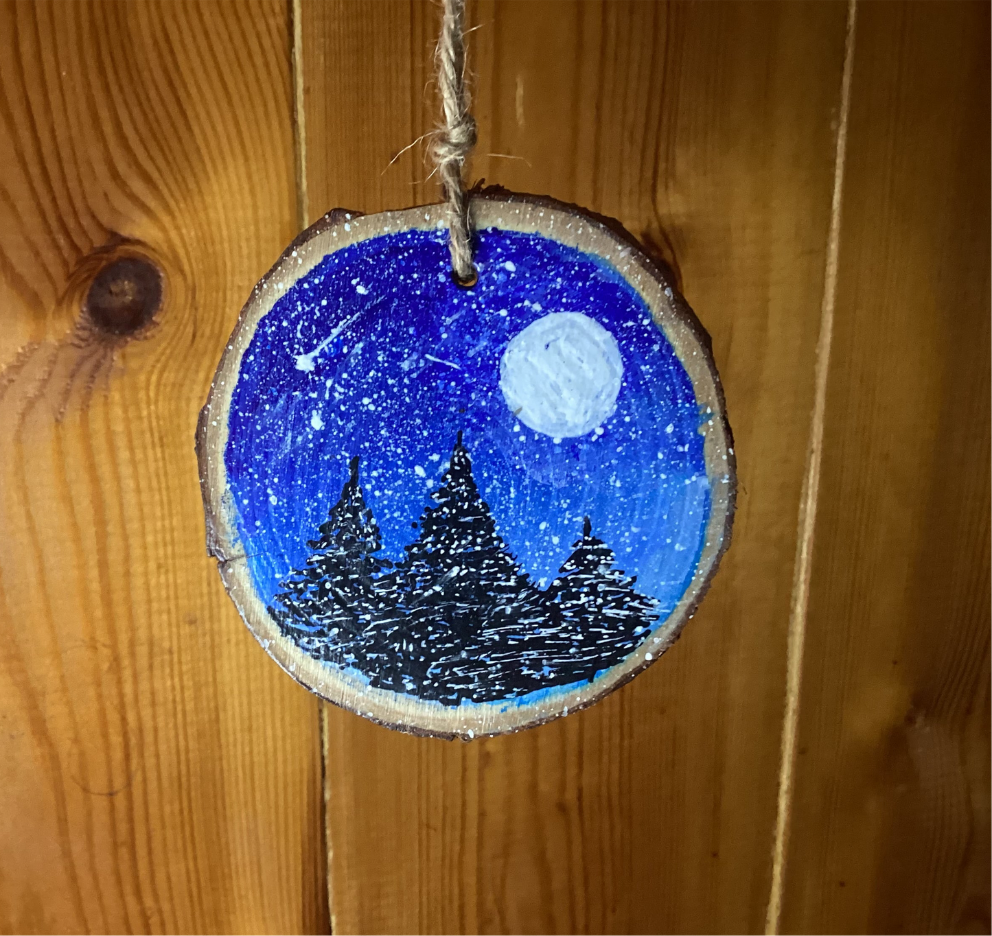 Hand Painted Wood Slice Ornament - Winter Scene