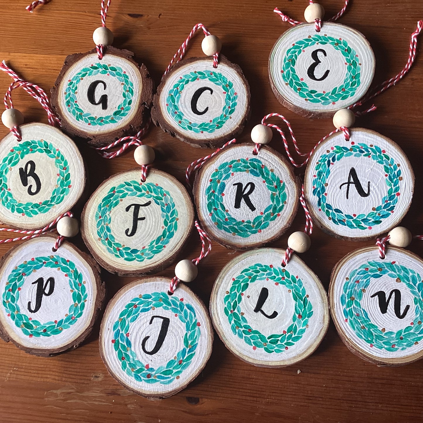 Monogram Initial with Wreath Hand Painted Wood Slice Ornament