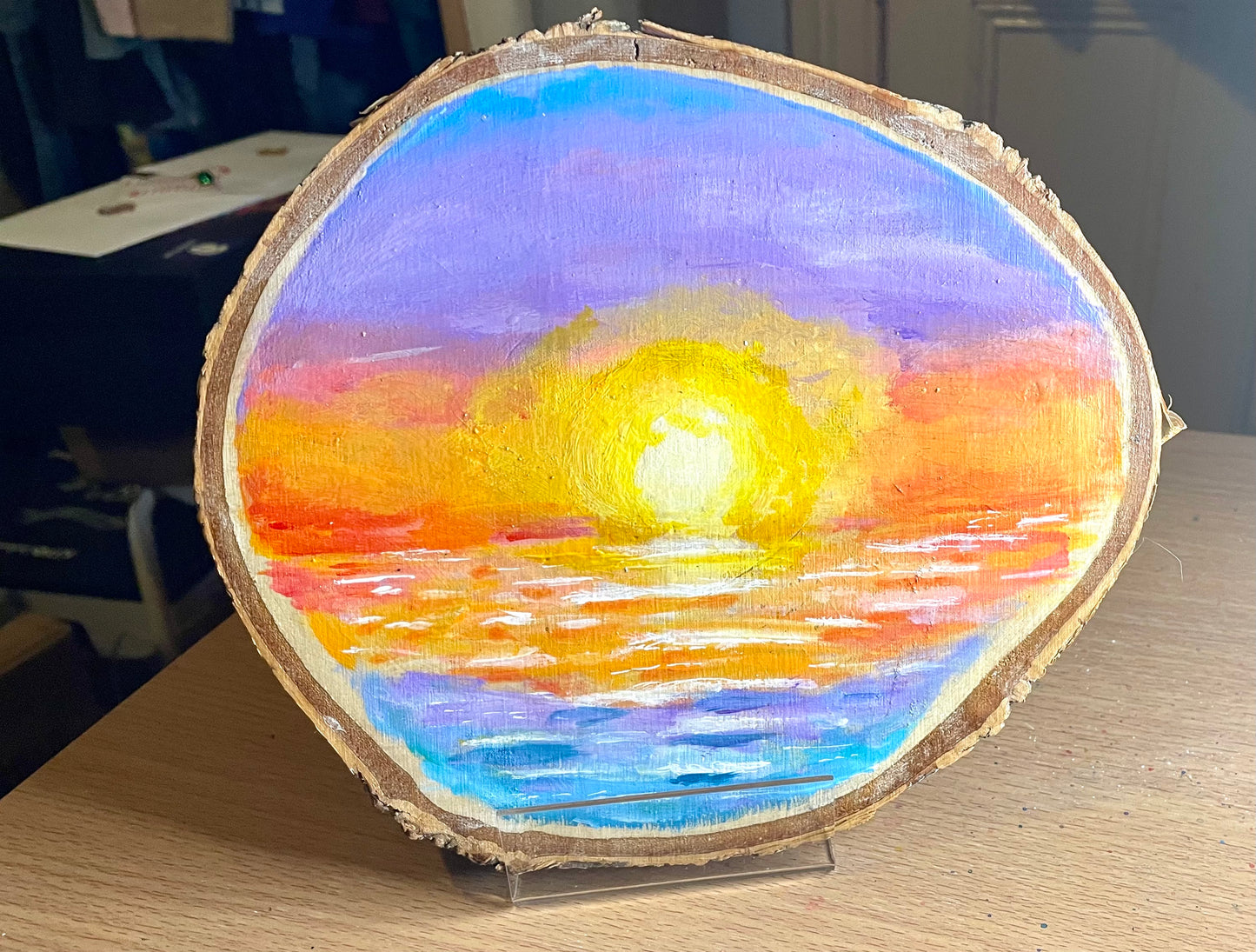 Sunset Seascape Painting on Wood Slice