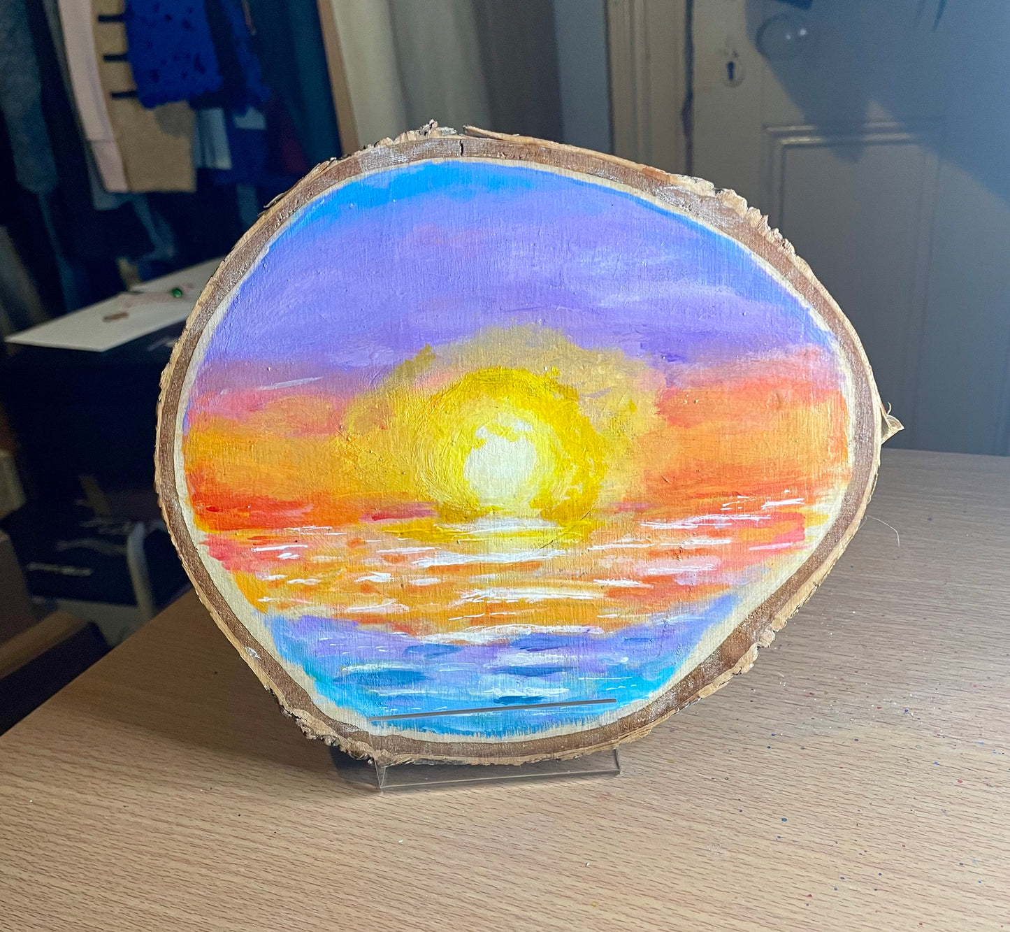 Sunset Seascape Painting on Wood Slice