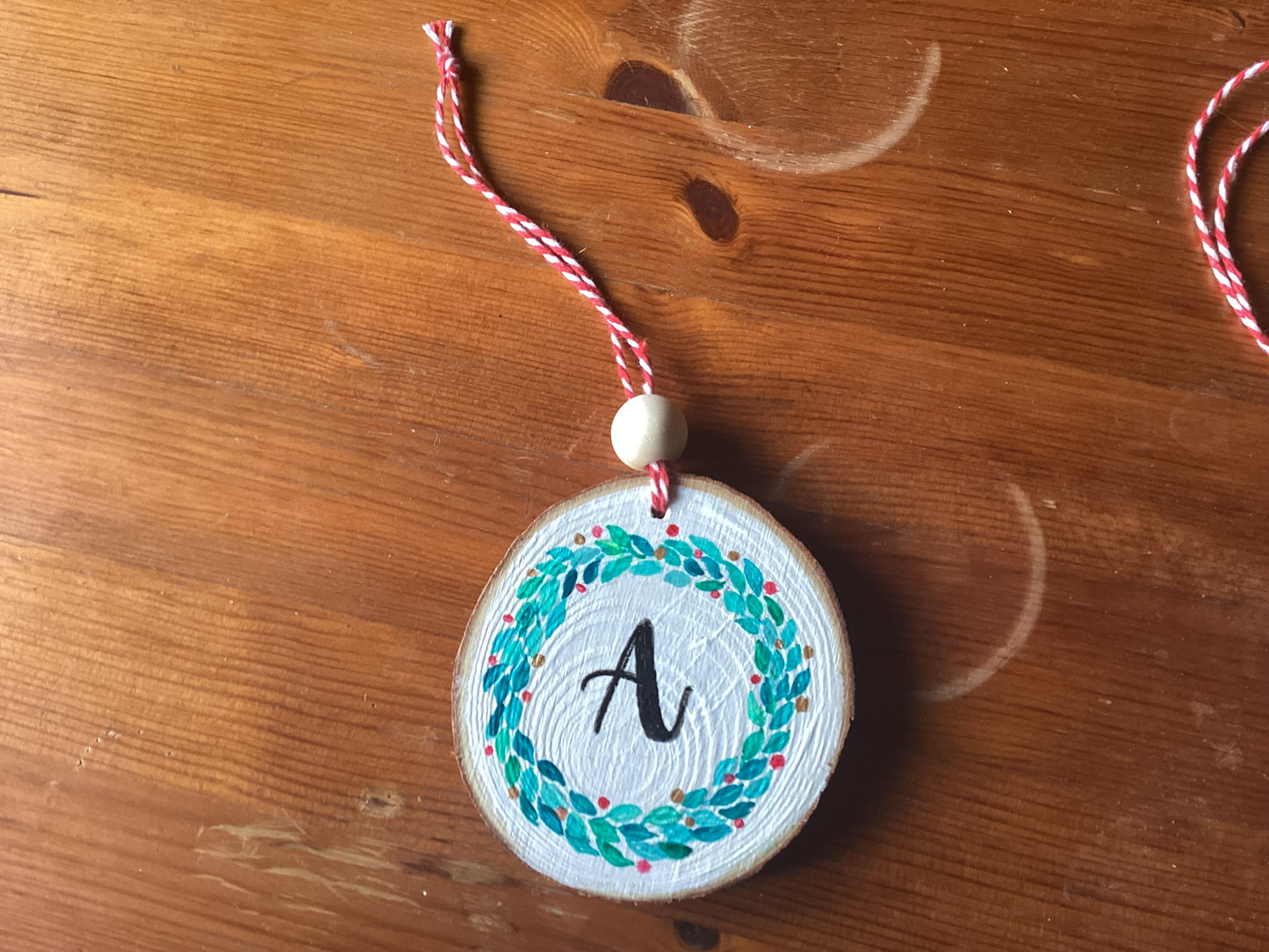 Monogram Initial with Wreath Hand Painted Wood Slice Ornament