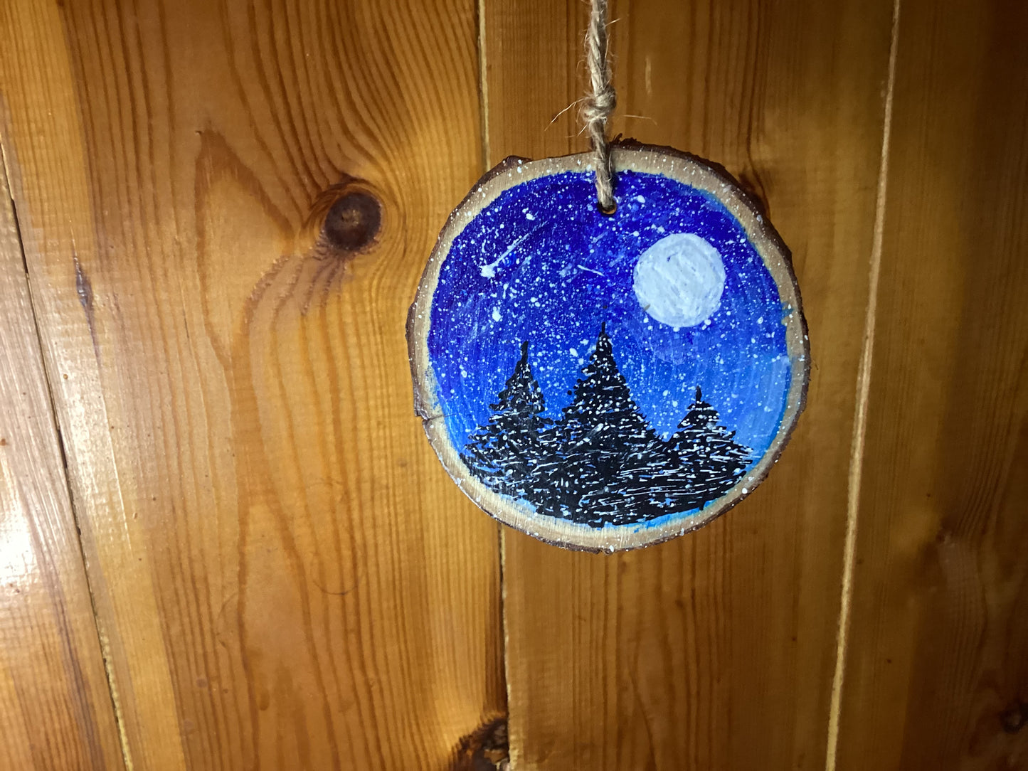 Hand Painted Wood Slice Ornament - Winter Scene