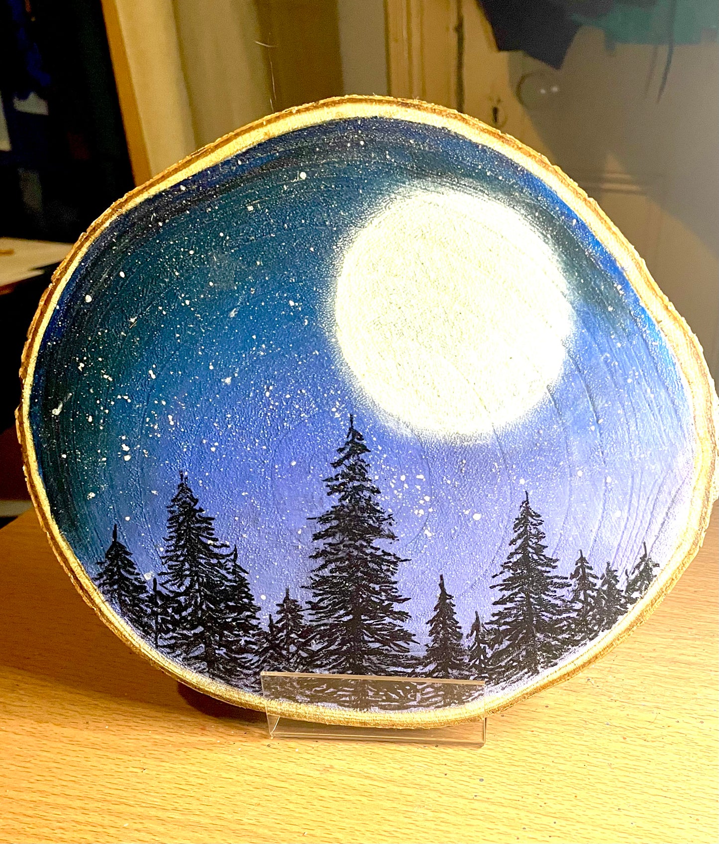 Painted Night Sky on Wood Slice