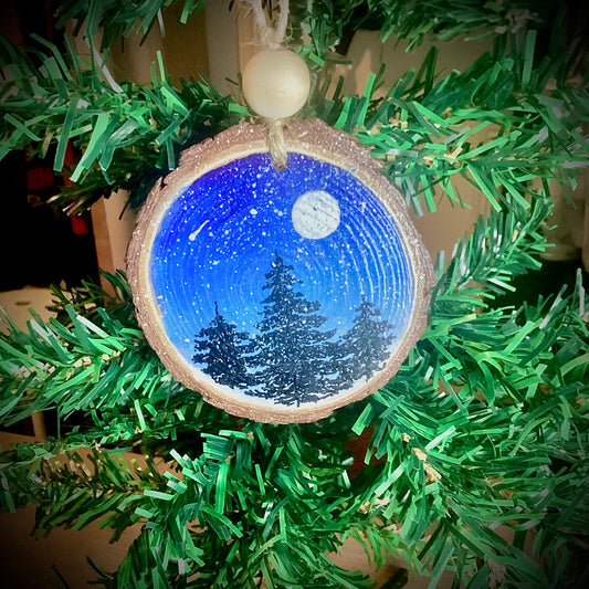 Hand Painted Wood Slice Ornament - Winter Scene