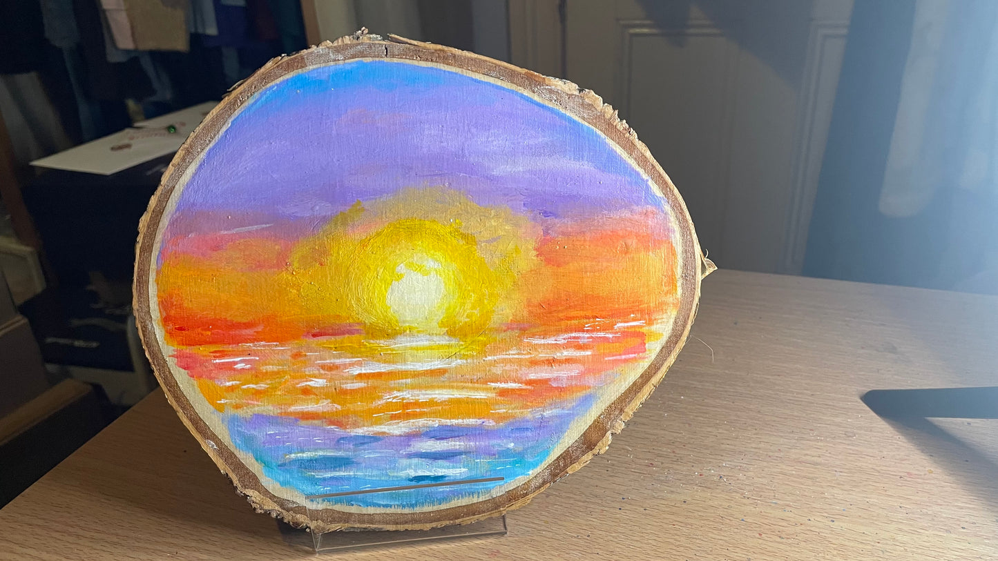 Sunset Seascape Painting on Wood Slice