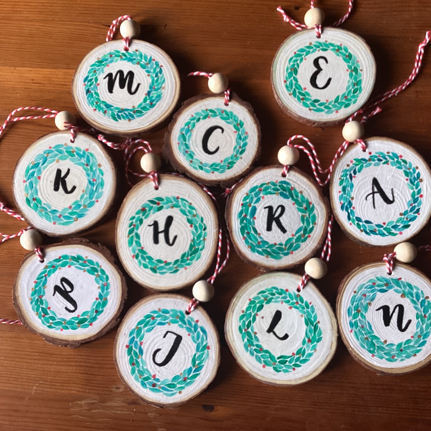 Monogram Initial with Wreath Hand Painted Wood Slice Ornament
