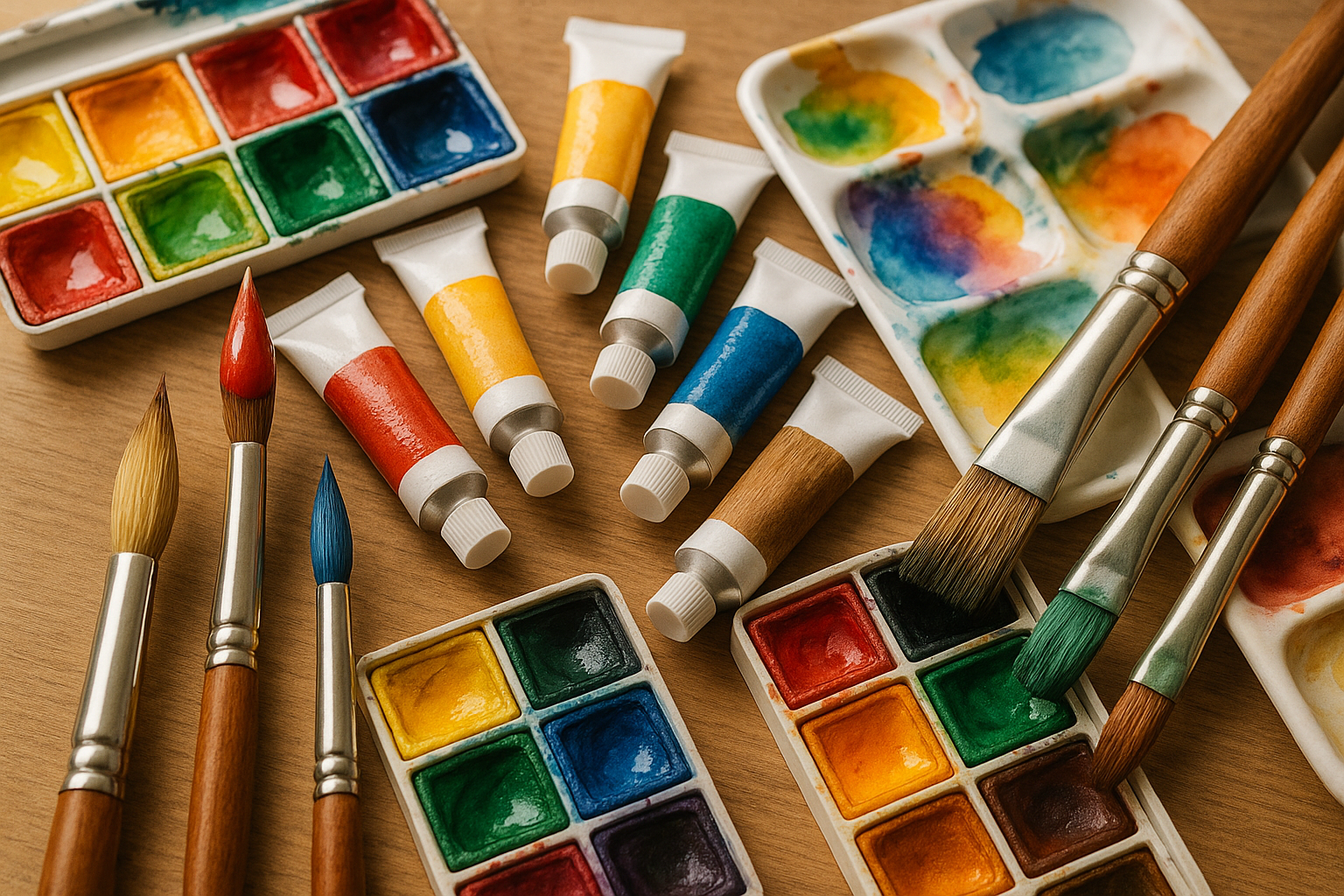 Artistic photograph featuring watercolour paints and brushes in an elegant composition with vibrant colours, paint palettes, and various brush sizes